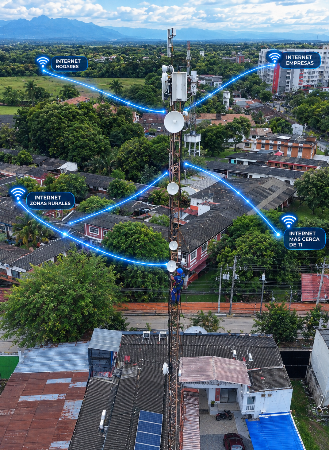 Antena de MEGARED conectando hogares, empresas y zonas rurales